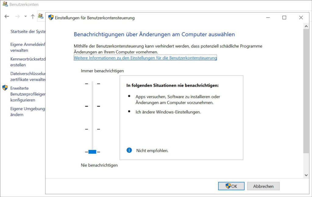Ab Windows 10 Einstellungen der Benutzerkontensteuerung1