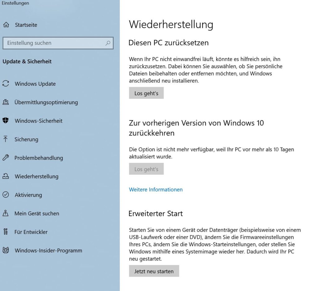 Windows 10 Reparaturmodus Windows resetten