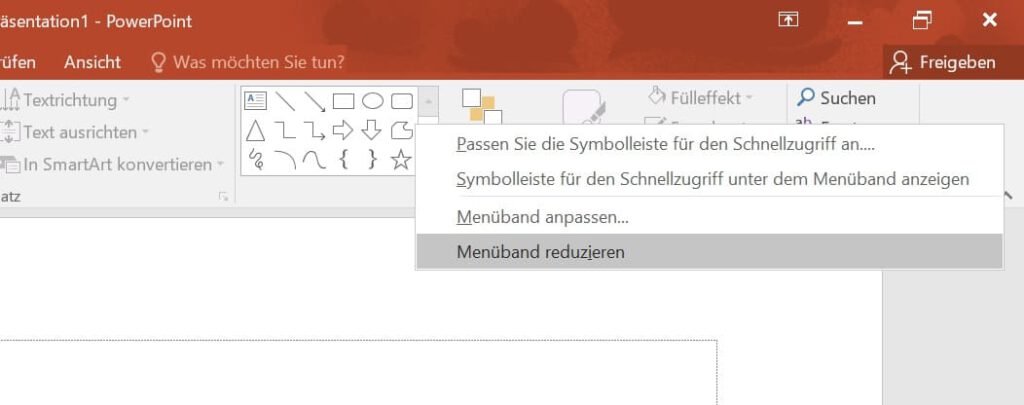 PowerPoint-Menüleiste weg Menüband verschwunden – Lösung1