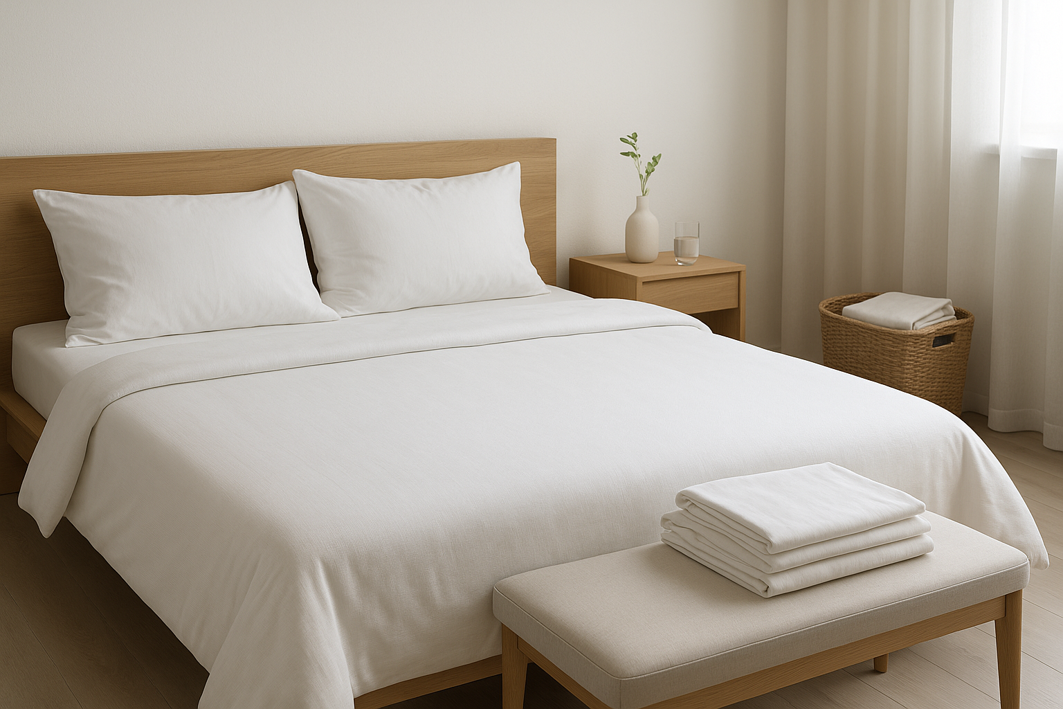 Calm, sunlit bedroom with a neatly made white bed and oak headboard; folded white linens on a beige bench, a simple nightstand with a vase and glass of water, and a woven laundry basket beside sheer curtains.
